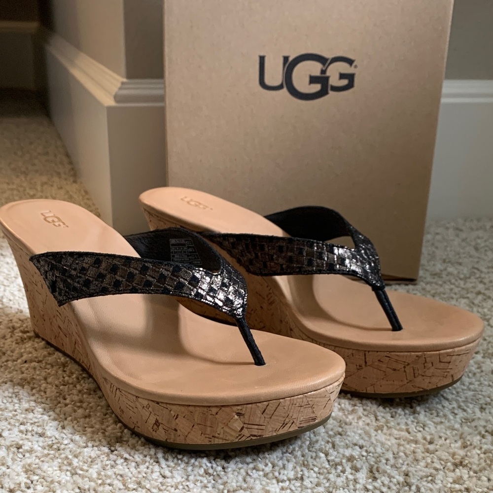 UGG Black and Tan Cork Wedge Sandals